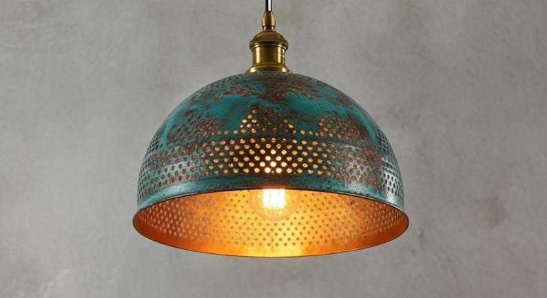 products-BohoLighting3 Handmade Green Patina Copper Dome Pendant Rustic Boho Ceiling Light