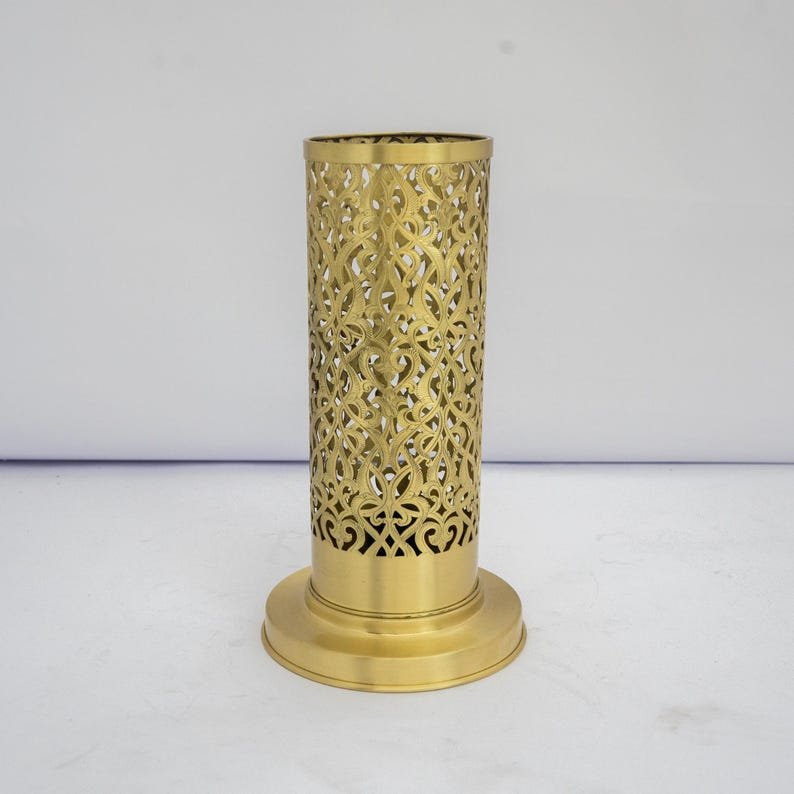 Brushed Brass Bedside Light, Pierced Cylinder Lamp, Brass Table Lamp | Duty-Free