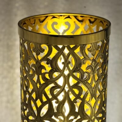 Brushed Brass Bedside Light, Pierced Cylinder Lamp, Brass Table Lamp | Duty-Free
