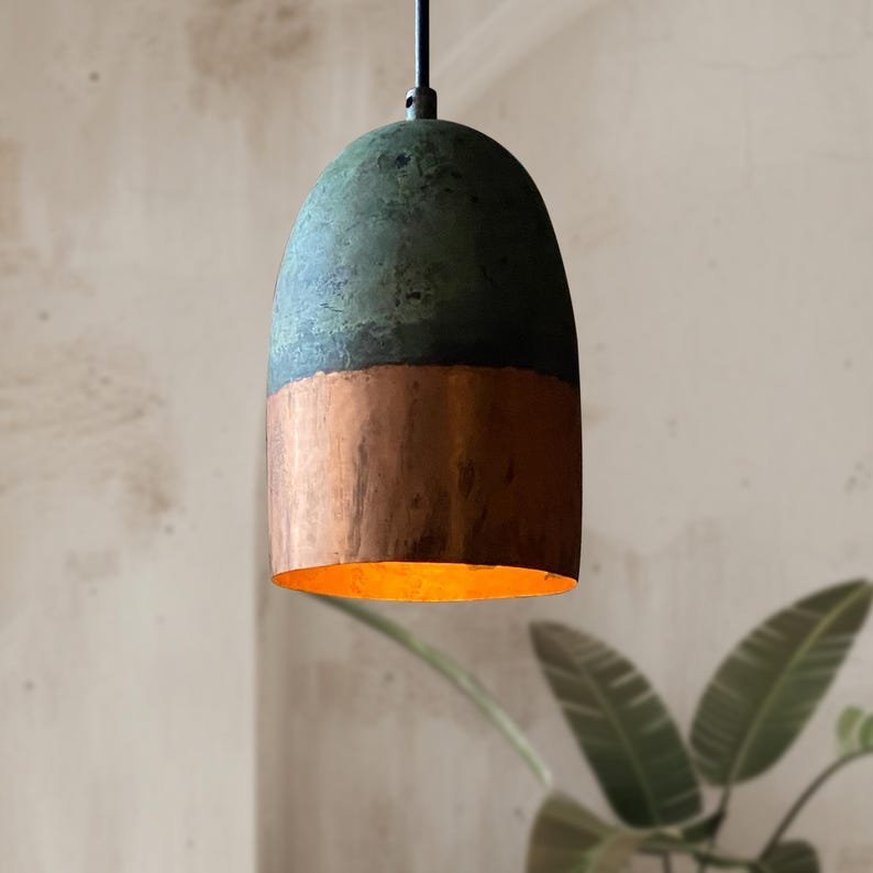 products-Ceiling2 Two-Tone Green Patina Copper Bell Pendant Light Handmade Rustic Ceiling Lamp