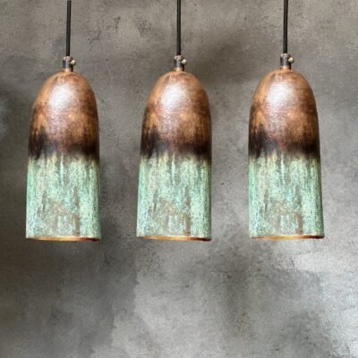 Set of 3 Green Patina Copper Cylinder Pendant Lights