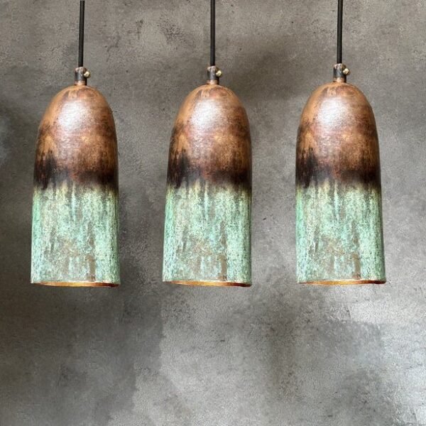 Set of 3 Green Patina Copper Cylinder Pendant Lights