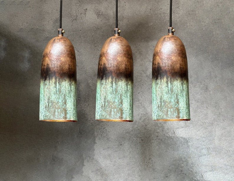 Set of 3 Green Patina Copper Cylinder Pendant Lights