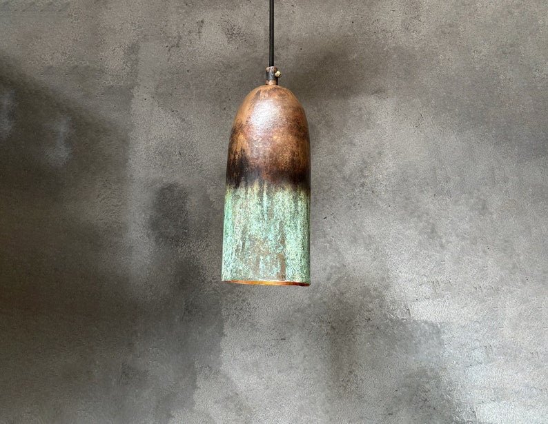 Set of 3 Copper Pendant Lights: Green Patina Farmhouse Ceiling Lighting