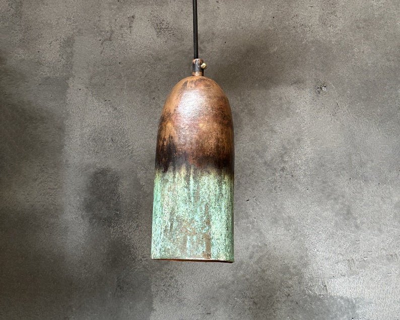 Set of 3 Copper Pendant Lights: Green Patina Farmhouse Ceiling Lighting