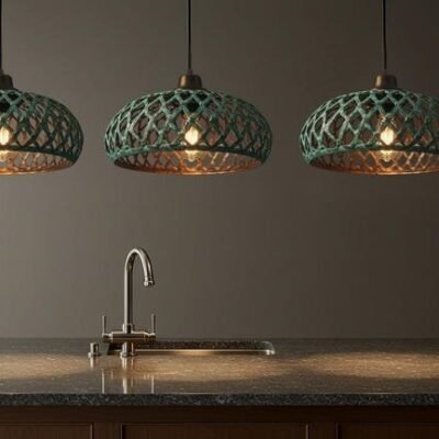Set of 3 Green Patina Lattice Copper Dome Pendant Lights