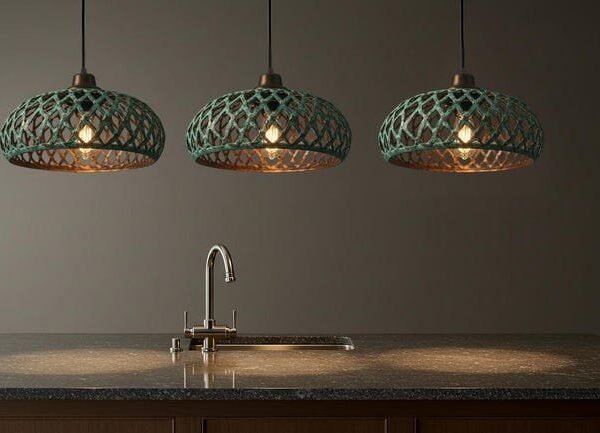products-Chandelier6 Set of 3 Green Patina Lattice Copper Dome Pendant Lights
