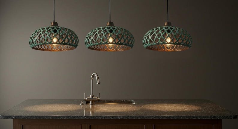 Set of 3 Green Patina Lattice Copper Dome Pendant Lights