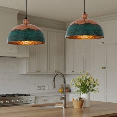 Handmade Copper Dome Pendant Light: Green Patina Farmhouse Lighting