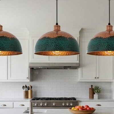 Set of 3 Hammered Copper Green Patina Dome Pendant Lights