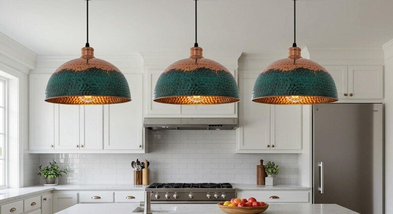 Set of 3 Hammered Copper Green Patina Dome Pendant Lights