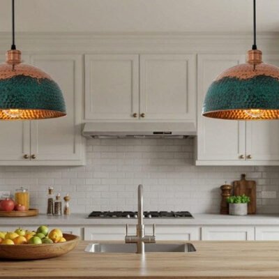 Handmade Copper Dome Pendant Light: Green Patina Farmhouse Lighting
