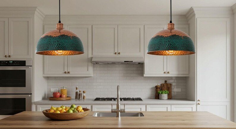 Handmade Copper Dome Pendant Light: Green Patina Farmhouse Lighting