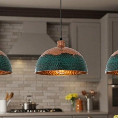 Handmade Copper Dome Pendant Light: Green Patina Farmhouse Lighting