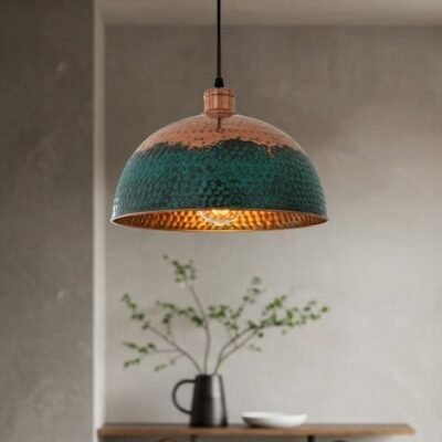 Handmade Copper Dome Pendant Light: Green Patina Farmhouse Lighting