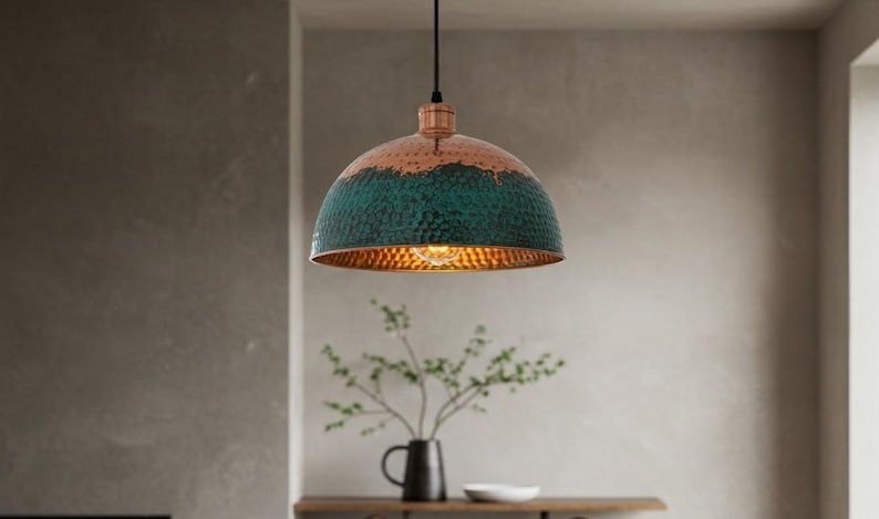 Handmade Copper Dome Pendant Light: Green Patina Farmhouse Lighting