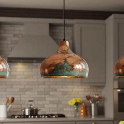 Copper Farmhouse Light Fixture, Farmhouse lighting, Rustic Chandelier Dining Room, Copper Dome Lamp, Ceiling Dome Lamp, Green Patina Light