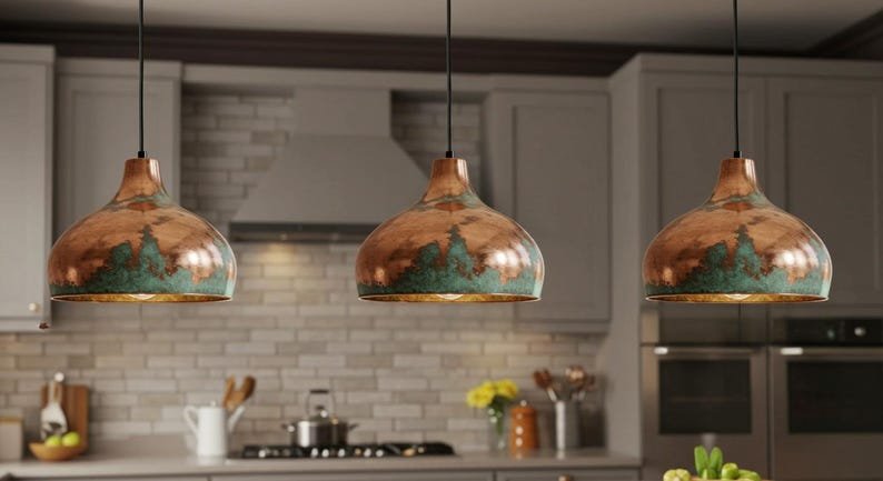 Copper Farmhouse Light Fixture, Farmhouse lighting, Rustic Chandelier Dining Room, Copper Dome Lamp, Ceiling Dome Lamp, Green Patina Light