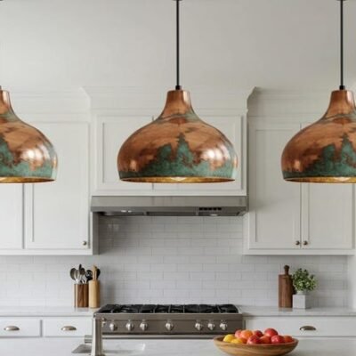 Copper Farmhouse Light Fixture, Farmhouse lighting, Rustic Chandelier Dining Room, Copper Dome Lamp, Ceiling Dome Lamp, Green Patina Light