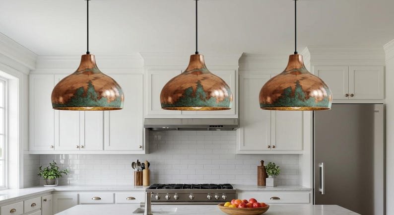 Copper Farmhouse Light Fixture, Farmhouse lighting, Rustic Chandelier Dining Room, Copper Dome Lamp, Ceiling Dome Lamp, Green Patina Light