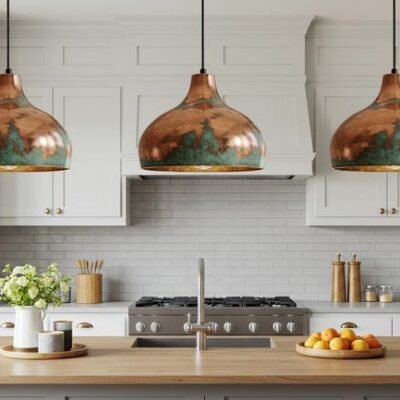 Copper Farmhouse Light Fixture, Farmhouse lighting, Rustic Chandelier Dining Room, Copper Dome Lamp, Ceiling Dome Lamp, Green Patina Light