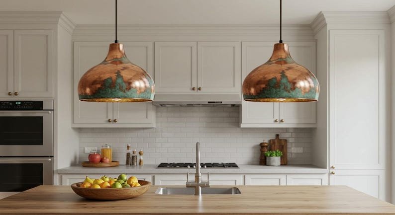 Copper Farmhouse Light Fixture, Farmhouse lighting, Rustic Chandelier Dining Room, Copper Dome Lamp, Ceiling Dome Lamp, Green Patina Light