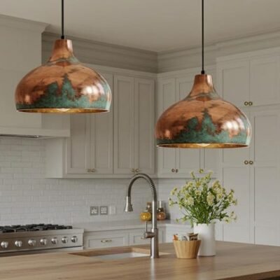 Copper Farmhouse Light Fixture, Farmhouse lighting, Rustic Chandelier Dining Room, Copper Dome Lamp, Ceiling Dome Lamp, Green Patina Light