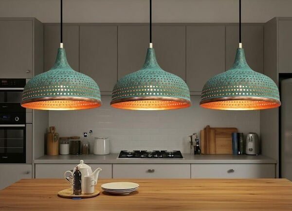 Set of 3 Turquoise Patina Copper Pendant Lights