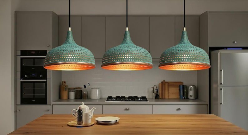 products-CopperDomePendantLight3 Set of 3 Turquoise Patina Copper Pendant Lights