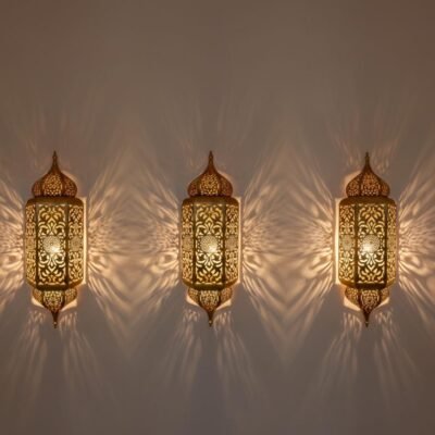 Set of 3 Handmade Moroccan Brass Wall Sconce: Ambient Light, Copper Finish