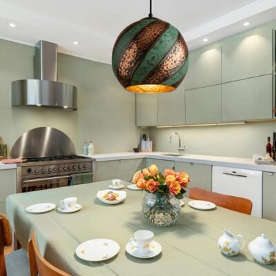 Set of 2 Oxidized Copper Kitchen Island Lighting , Green Patina Pendant Light