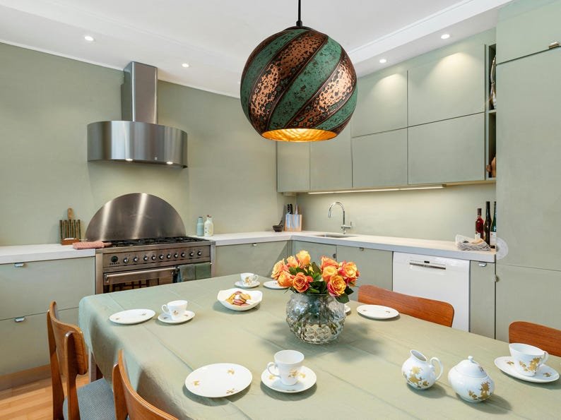 Set of 2 Oxidized Copper Kitchen Island Lighting , Green Patina Pendant Light