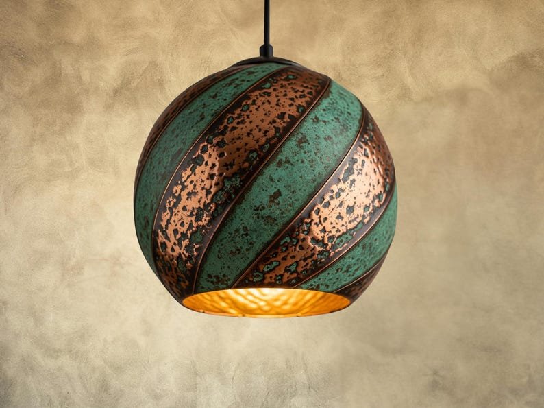 Set of 2 Oxidized Copper Kitchen Island Lighting , Green Patina Pendant Light