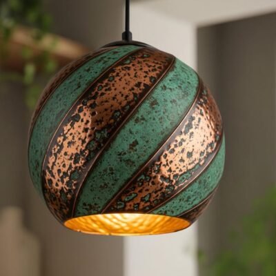 Set of 2 Oxidized Copper Kitchen Island Lighting , Green Patina Pendant Light