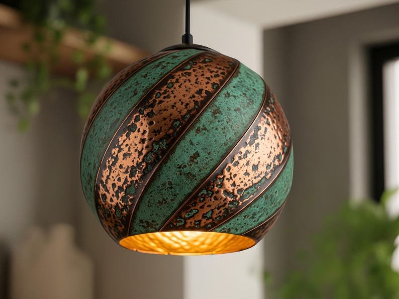 Set of 2 Oxidized Copper Kitchen Island Lighting , Green Patina Pendant Light