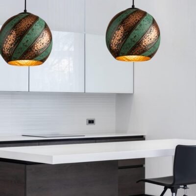Set of 2 Green Patina Swirl Copper Globe Pendant Lights