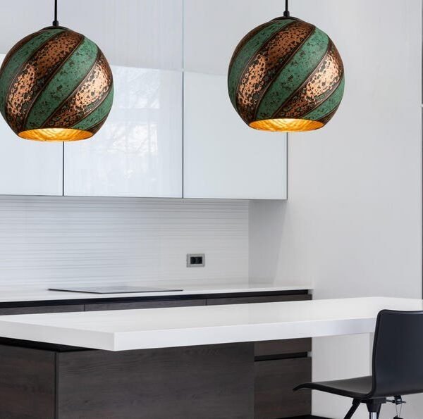 products-CopperKitchenIslandLighting5 Set of 2 Green Patina Swirl Copper Globe Pendant Lights
