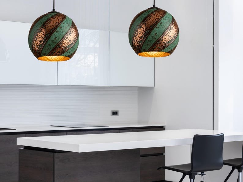 Set of 2 Green Patina Swirl Copper Globe Pendant Lights