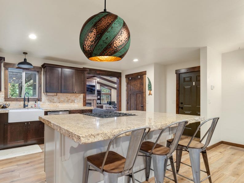 Set of 2 Oxidized Copper Kitchen Island Lighting , Green Patina Pendant Light