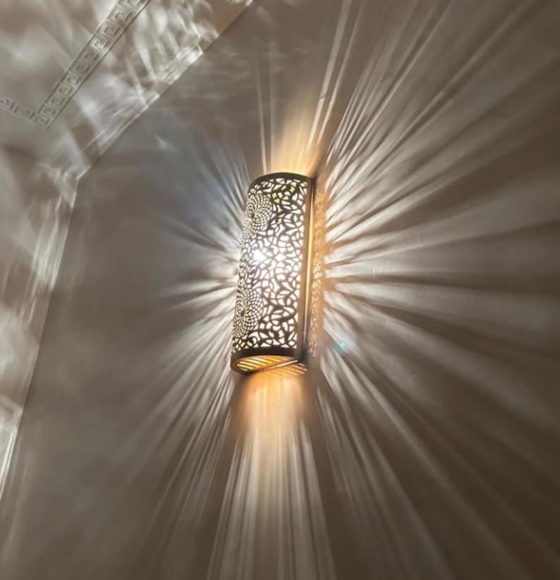products-CopperorSilver4 Moroccan Brass Wall Sconce Shadow Casting Cylinder Lamp
