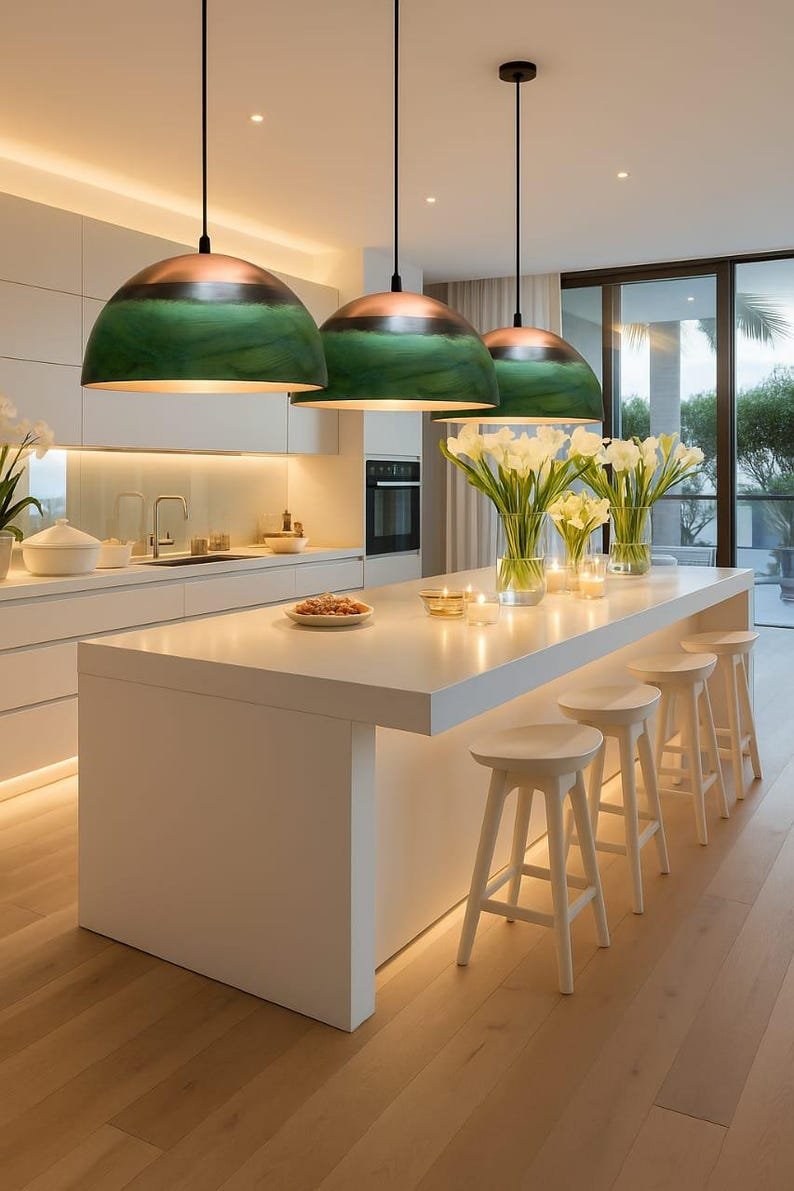 Set of 3 Green Copper Farmhouse Light,Green Patina Copper Pendant Lamp, HandCrafted Rustic Copper Island Light, Rustic Dome Pendant Light