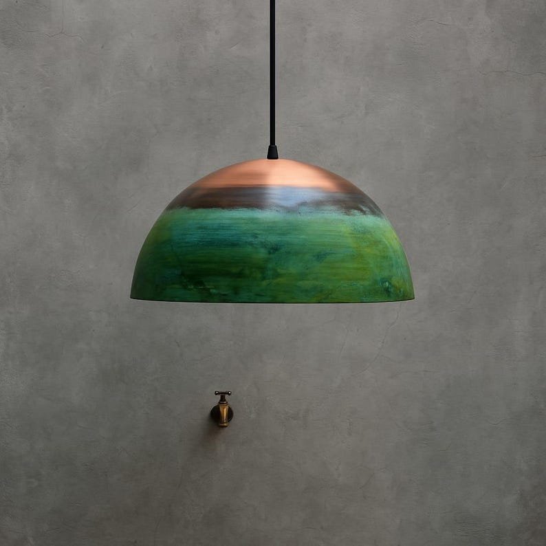 Set of 3 Green Copper Farmhouse Light,Green Patina Copper Pendant Lamp, HandCrafted Rustic Copper Island Light, Rustic Dome Pendant Light