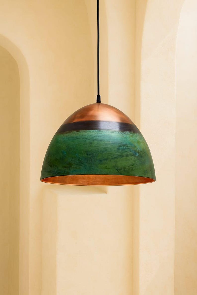 Set of 3 Green Copper Farmhouse Light,Green Patina Copper Pendant Lamp, HandCrafted Rustic Copper Island Light, Rustic Dome Pendant Light