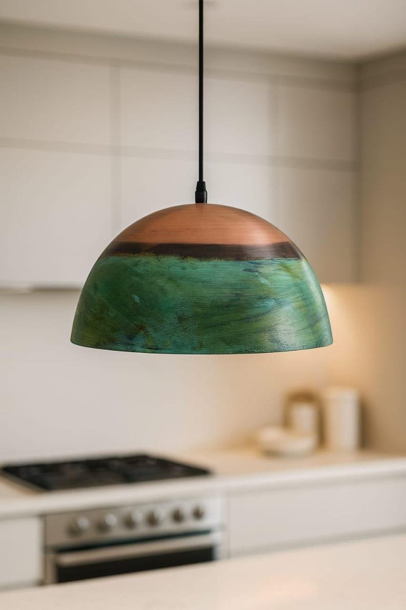Set of 3 Green Copper Farmhouse Light,Green Patina Copper Pendant Lamp, HandCrafted Rustic Copper Island Light, Rustic Dome Pendant Light