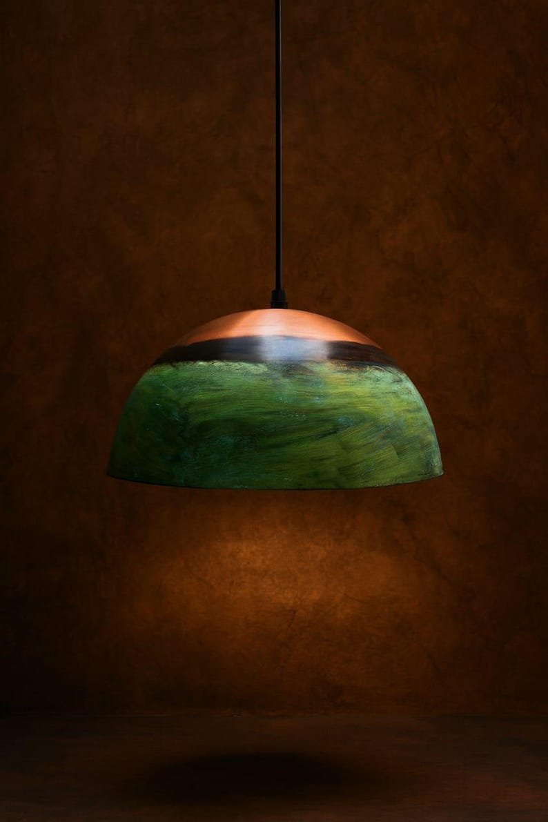 Set of 3 Green Copper Farmhouse Light,Green Patina Copper Pendant Lamp, HandCrafted Rustic Copper Island Light, Rustic Dome Pendant Light