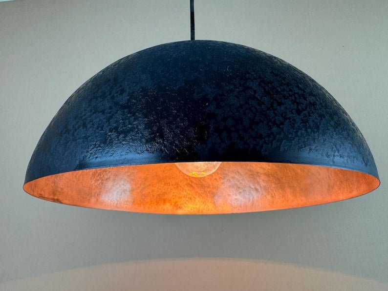 Minimalist Copper Dome Pendant - Black Patinated Hanging Light - Handmade Custom Ceiling Lamp