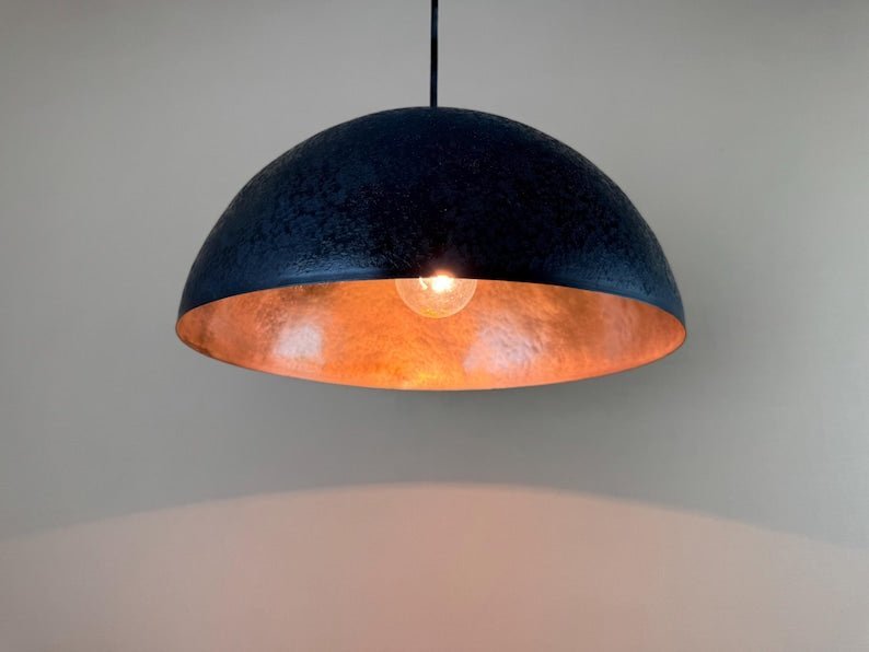 Modern Matte Blue Exterior with Warm Hammered Copper Pendant Light