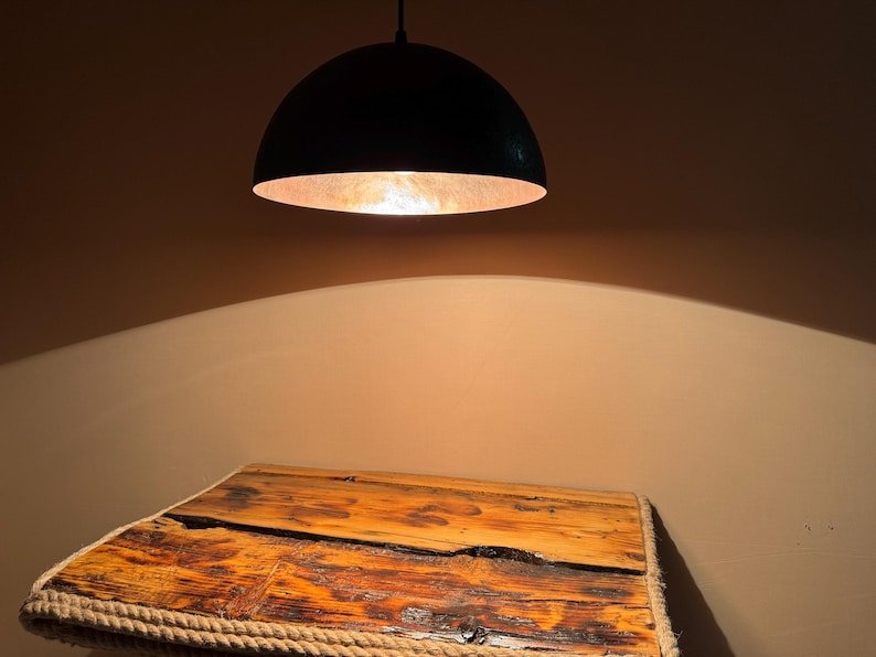 Minimalist Copper Dome Pendant - Black Patinated Hanging Light - Handmade Custom Ceiling Lamp