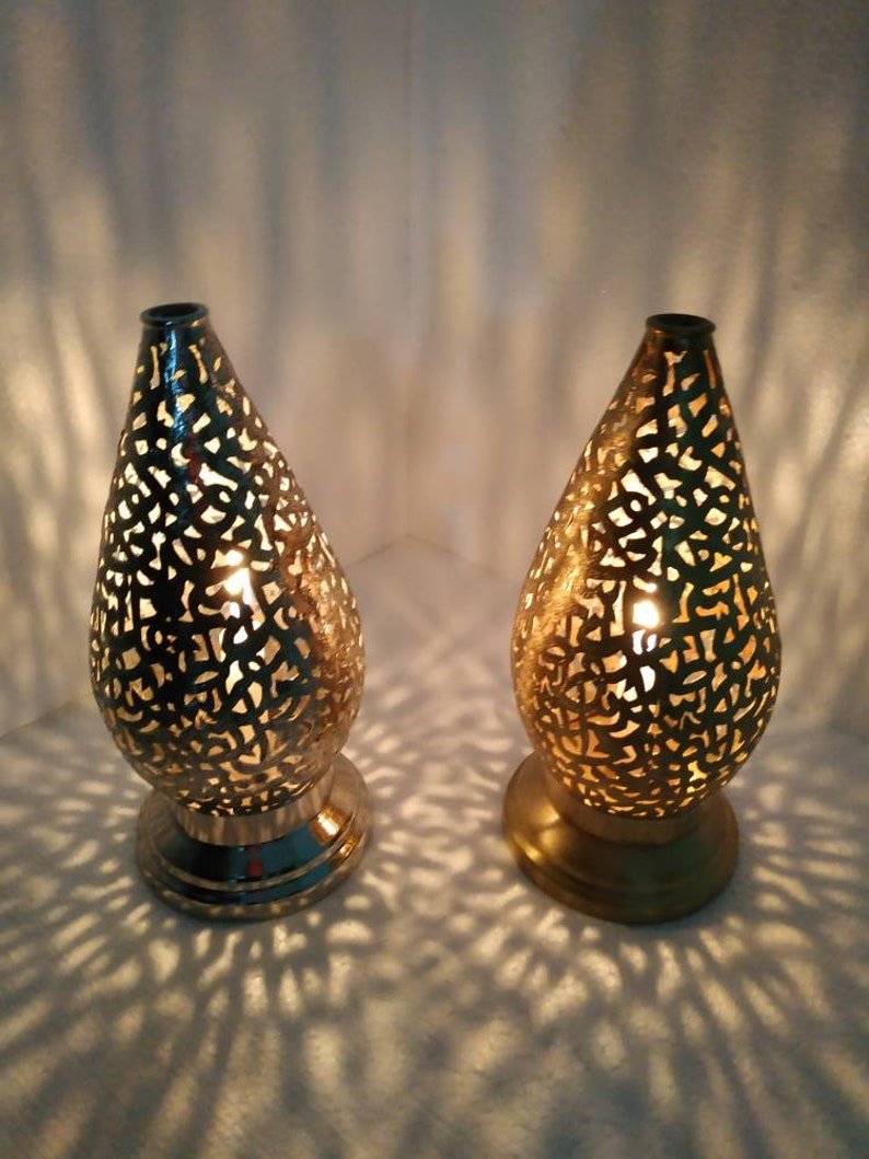 Moroccan Brass Candle Table Lamp: Arabic Calligraphy Home Decor Set of 2 Moroccan Brass Candle Table Lamp: Arabic Calligraphy Home Decor Set of 2