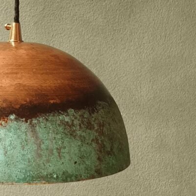 Oxidized Copper Dome Pendant Light – Green Patina Farmhouse Hanging Kitchen Island Lamp for Decoration